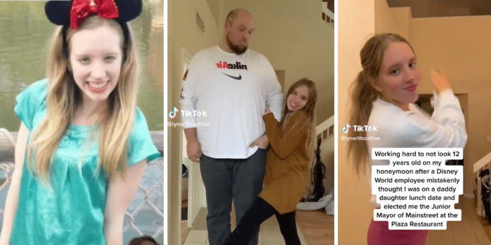 A photo of the Guest in a green top and Mickey ears, a photo of the 4'11 Guest next to her 6'6 husband, and a screenshot from the original TikTok where the Guest mimics a mining motion.